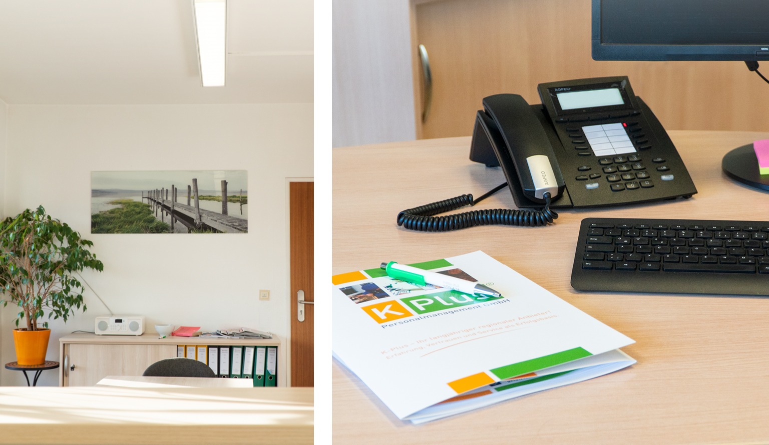Blick ins Büro von K-Plus, K-Plus Mappe mit Kugelschreiber auf Schreibtisch